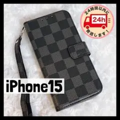 【iPhone15】黒 iPhoneケース チェック柄 手帳型人気