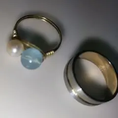 天然石ブルートパーズと淡水パールとメタルリングの２点