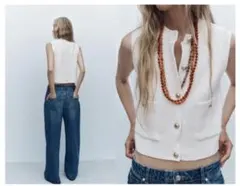 ZARA 無地ニットトップベスト　ホワイト　S