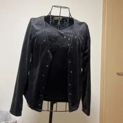 黒 アンサンブル ベルベット フリース カーディガン ビーズ付き