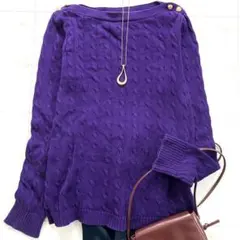 ローレンラルフローレン ニット ケーブル編み 綿 金ボタン ロゴ刺繍 パープル