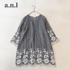 【a.n.l 】刺繍 チュニック（M)スカラップ 5分袖 フェミニン 綿 花柄のサムネイル