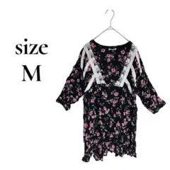 古着　アンジーUSA 【M】花柄チュニック レース切替 ガーリー