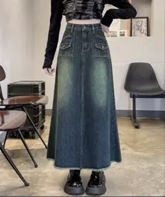 Dream garden ハイウエスト裾フリンジロングデニムスカート