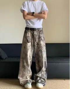 L 2 リアルツリー デニム ワイドパンツ 迷彩 プリントデニム y2k カモ