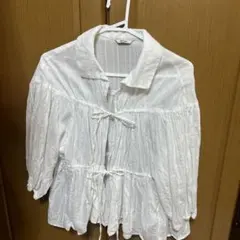 ホワイト ストライプ 五分袖ブラウス