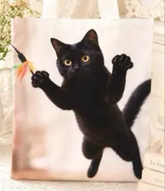 r*0様 人気 猫バッグ　遊ぶ黒猫　猫じゃらし　丈夫な新品トート　オリジナル　大のサムネイル