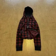 00s OLD チェック　ダブルジップ　パーカー　y2k シティ　赤　黒