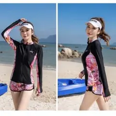 水着5点セット　黒ピンク　XLサイズ　ラッシュガード