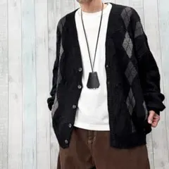 ヴァンヒューゼン アーガイル柄 Vネック ニットカーディガン ブラック XL