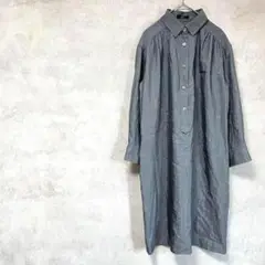 イネド　麻　綿混　シャツワンピース　ロールアップ　長袖　灰色　リネン　M