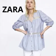 ZARAストライプ コットン レース　五分袖ブラウス