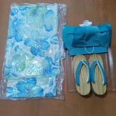 期間限定お値下げ✳️浴衣 帯 下駄 3点セット ブルー 花柄