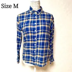 【美品 麻使用】 ローリーズファーム M 青黄チェック フランネルシャツ 古着