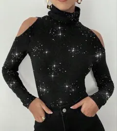 オフショルダータートルネック長袖トップス ブラック