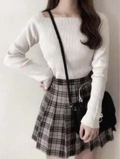 スクエアネックリブニットトップス[rut072] オフホワイト