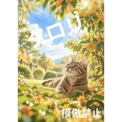 キジトラ猫と金木犀 秋の癒し　デジタルアート A4 インテリア　ネコ　絵　水彩