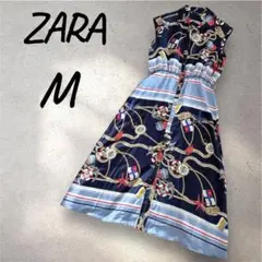ザラ ノースリーブシャツワンピース マリン スカーフ柄 リゾート 大人可愛い M