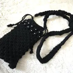 黒 編み込み スマホショルダーバッグ