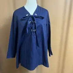 ZARA WOMAN ネイビー リボン付き 長袖シャツ ボウタイ　丈長 美品