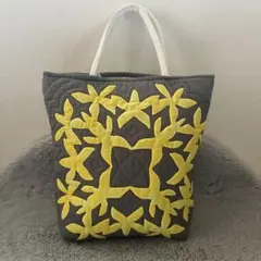 【お値下げしました】手作りハワイアンキルト　トートバッグ 　グレーイエロー