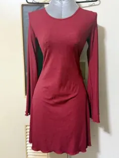 バーガンディ 長袖 ミニワンピース バックレースアップ