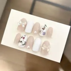 #61ピンク ネイルチップ ちゅるん 韓国 ドット ワンホン リボン フラワー