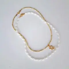 No.159 ビーズネックレス　ハンドメイド　重ね付け　スター　星　パール調