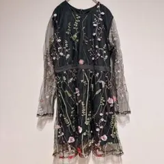 インポート 花柄 ワンピース 刺繍 パーティー シースルー チュール XL 黒