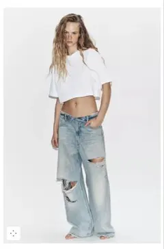 完売品 ZARA TRF ミッドライズ折り返しウエストデニムパンツ 34 ZARA ザラ TRFミッドライズ折り返しウエストデニムパンツ 未使用 34