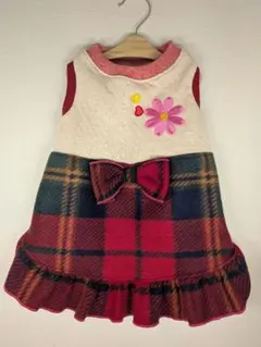 犬服 L ロング キルトニットと チェックのフリルワンピース ハンドメイド