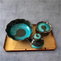 【珍品】ターコイズブルーと黒の赤津焼き、京しみずのお皿8点セット