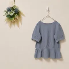 Vis ストライプ シルク混 ブラウス バルーンスリーブ ペプラム M 美品のサムネイル