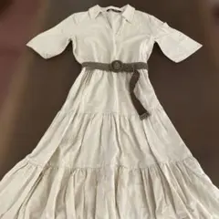 ZARA ベージュ シャツワンピース 七分袖　ティアードワンピース　ベルト付き