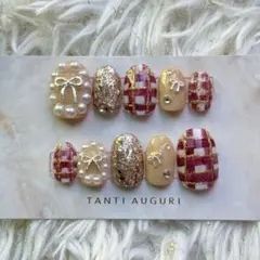 ネイルチップ チェックネイル ベージュ リボン パール つけ爪 ワンホンネイル