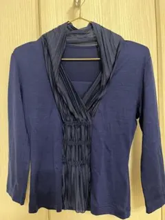 STRAWBERRY-FIELDS ネイビー首元 フリル付き七分袖トップス