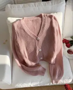 ピンク リブ編み カーディガン M
