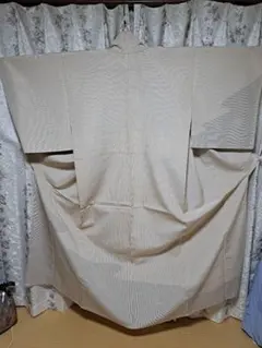 夏着物 絽 紬地 単衣 縞文様 正絹 ベージュ色 広衿 仕立て上がり 夏用