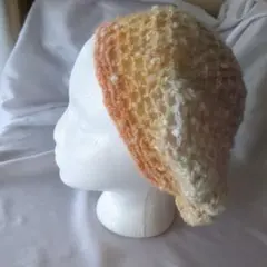 ハンドメイド ニット帽子 オレンジグレー系 No713 クロシェビーニーベレー帽
