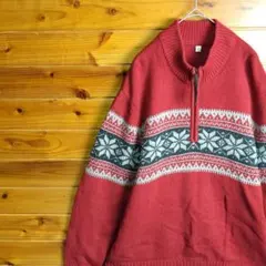 ニット　セーター　ハーフジップ　赤　ノルディック柄　幾何学模様　XL　ハイネック