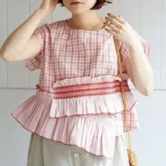 ビュルデサボン スモッキングチェックブラウス レッド 赤