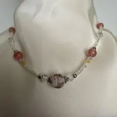 ビーズネックレス ピンク クリア ローズモチーフ　ハンドメイド