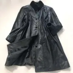 【高級本革】vintage 羊革 レザーロングコート 襟ファー付き 黒 XL相当