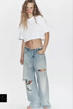 TRF ミッドライズ折り返しウエストデニムパンツ ZARA ザラ ダメージ 32