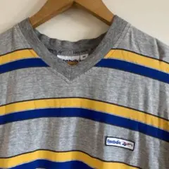 Reebok Vネック ボーダー Tシャツ グレー Mサイズ