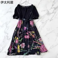 美品✨伊太利屋 花柄 ワンピース リボン フラワー ボタニカル パフ袖 黒 Lのサムネイル