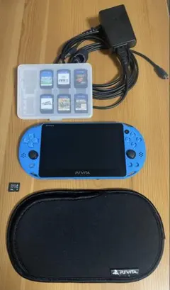 青色 PS Vita 本体 充電器 4GBメモリーカード付 ソフト付