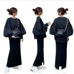 春夏　ブラウス ナロースカート　体型カバー　バルーン袖　セットアップ　レディース