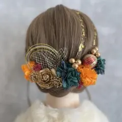 オレンジグリーン♡金箔付♡髪飾り ヘッドドレス 前撮り 成人式 卒業式 七五三