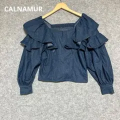 CALNAMURフリル付きダークデニムオフショルダーシャツのサムネイル
